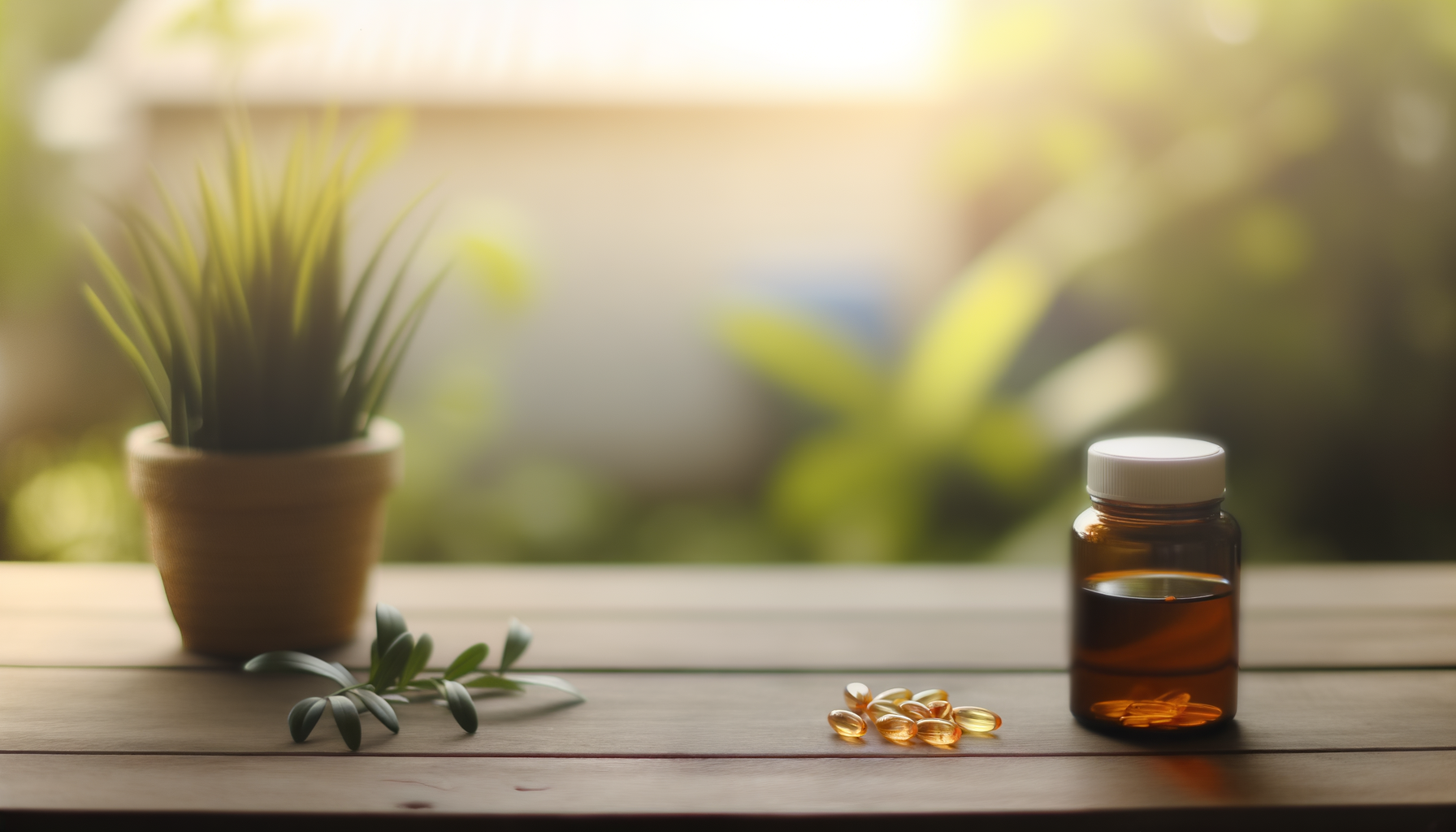 Frasco de c&aacute;psulas de &oacute;leo de peixe em um fundo calmo e sereno.