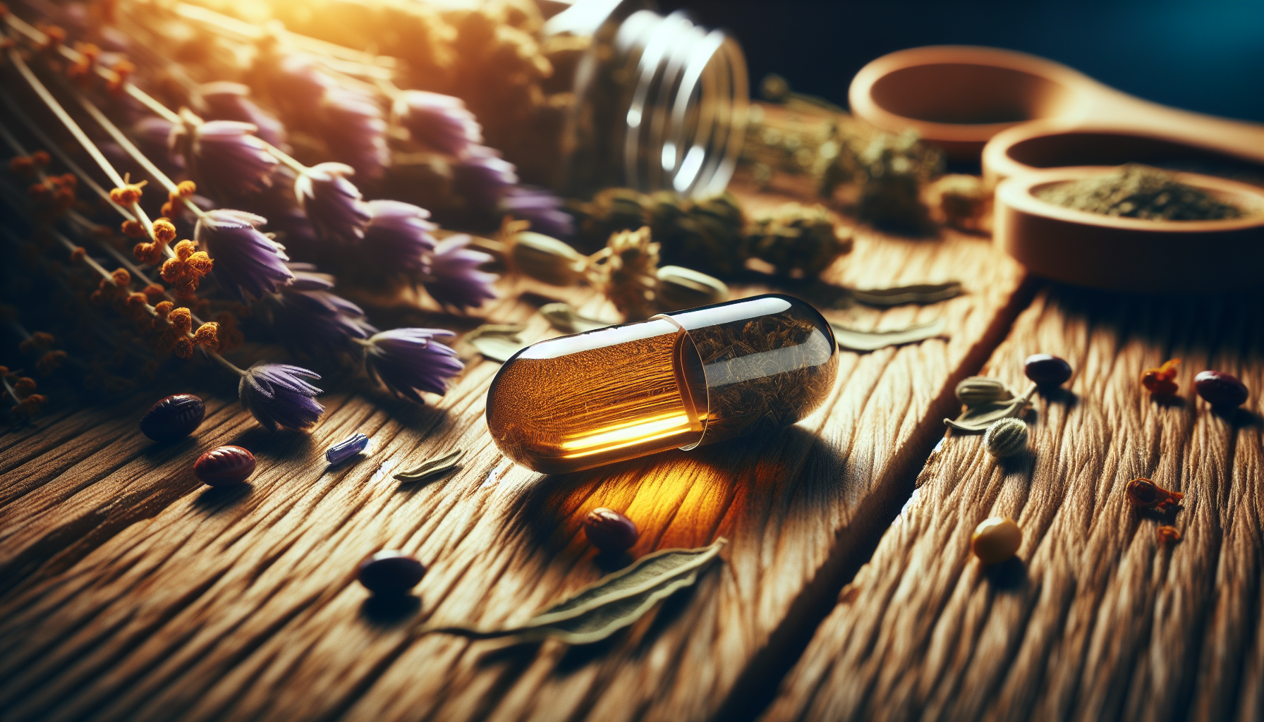 Uma c&aacute;psula de GABA sobre madeira, cercada por ervas.