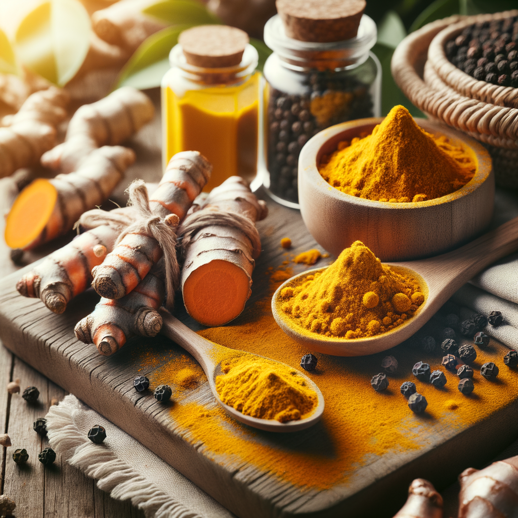Pó de cúrcuma e pimenta preta representando os efeitos imunomoduladores e anti-inflamatórios da cúrcuma
