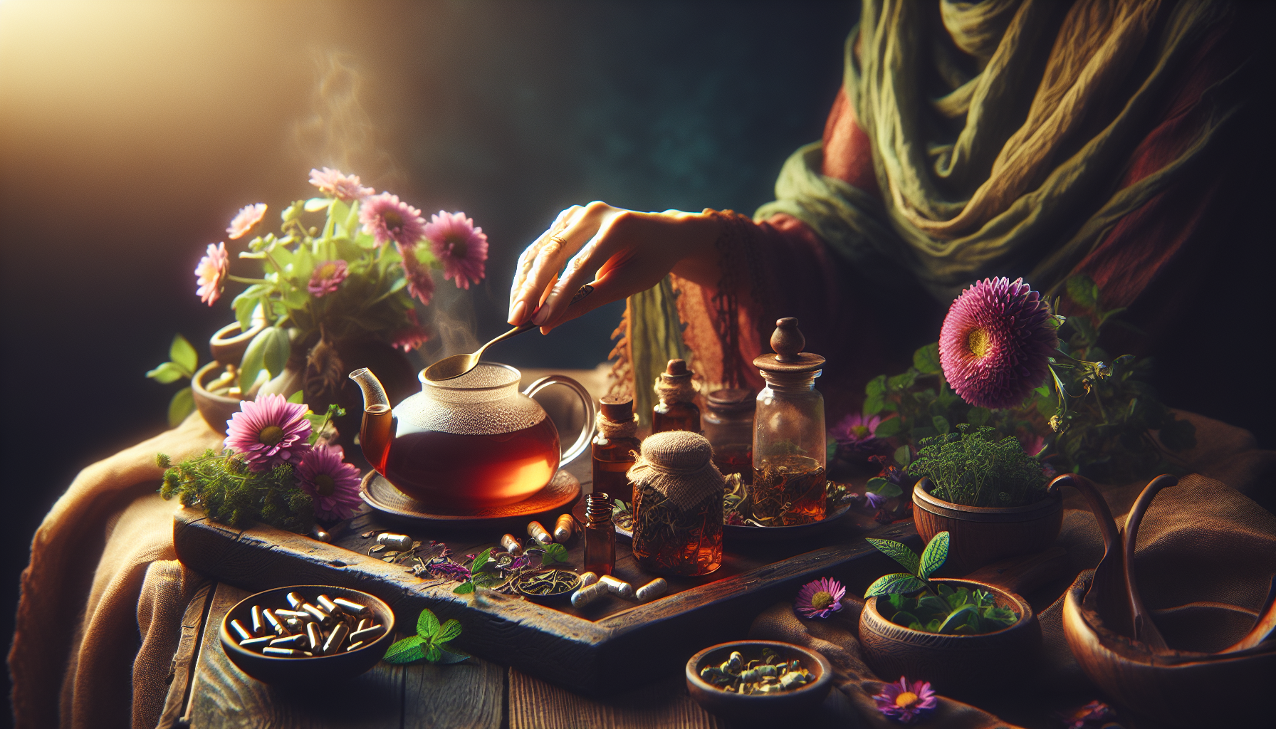 Chá de ervas para relaxamento, simbolizando um ambiente calmo e tranquilo.