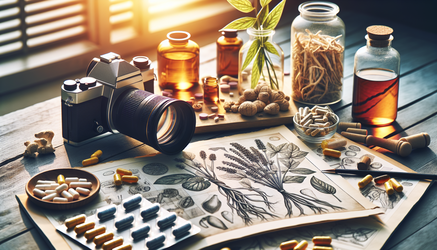 Ilustra&ccedil;&atilde;o de Ashwagandha em forma de planta com comprimidos ao lado.