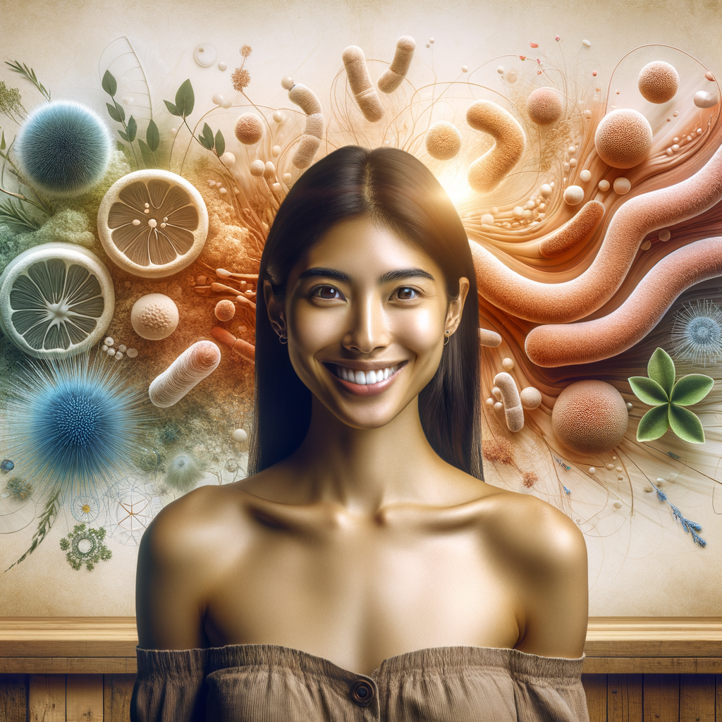 Mulher demonstrando saúde íntima e equilíbrio da microbiota com gráficos abstratos