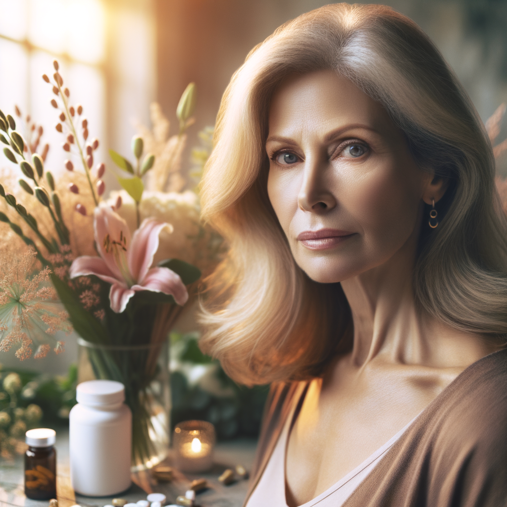 Mulher na menopausa com sorriso sereno demonstrando equilíbrio e bem-estar