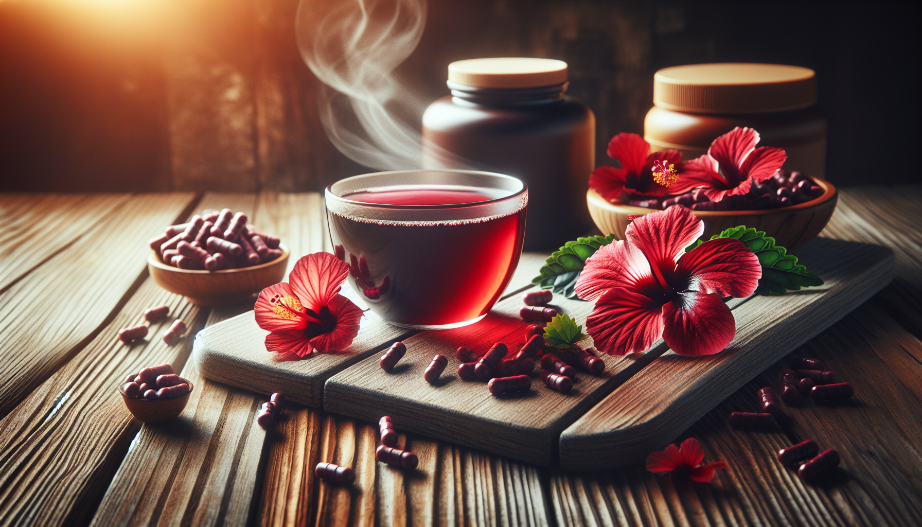Chá de hibisco em uma xícara com flores de hibisco ao lado.