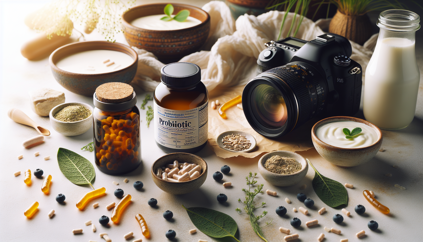 Frascos de probi&oacute;ticos ao lado de iogurte e kefir.