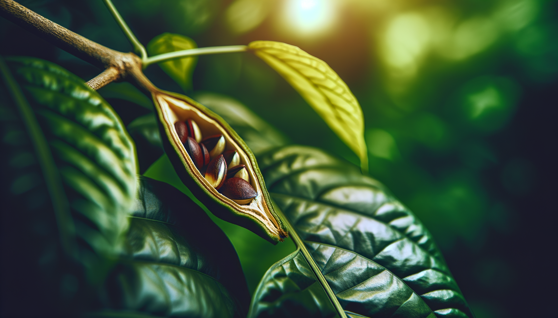 Vagem de guaran&aacute; madura cercada por folhas em fundo de floresta.