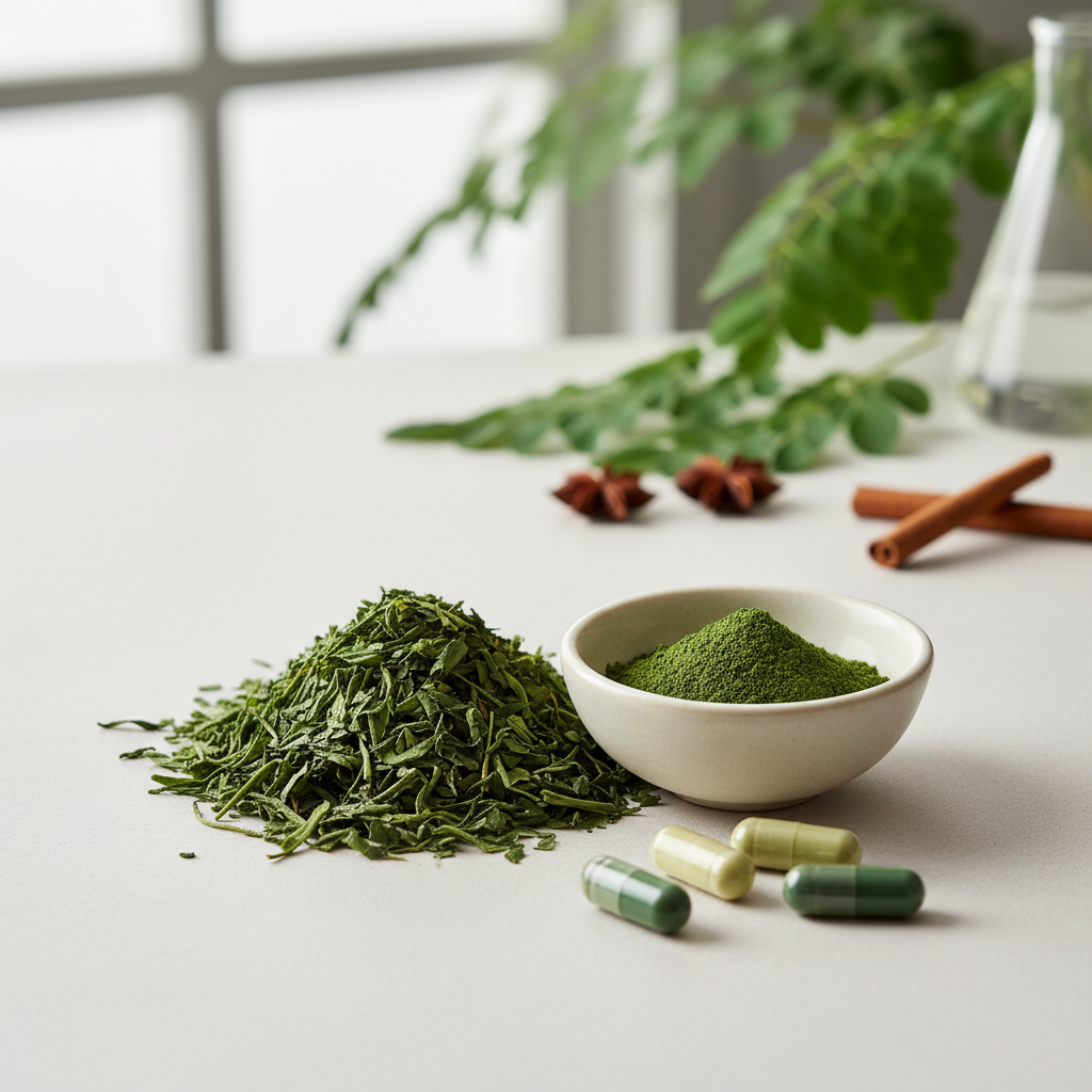 Infus&atilde;o de ch&aacute; verde, folhas de moringa e c&aacute;psulas naturais de fitoter&aacute;pico para queimar gordura abdominal.