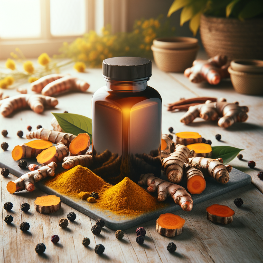 Frasco de suplemento de cúrcuma 450mg com piperina 10mg, acompanhado de raízes de cúrcuma e pimenta-do-reino, representando os benefícios anti-inflamatórios.