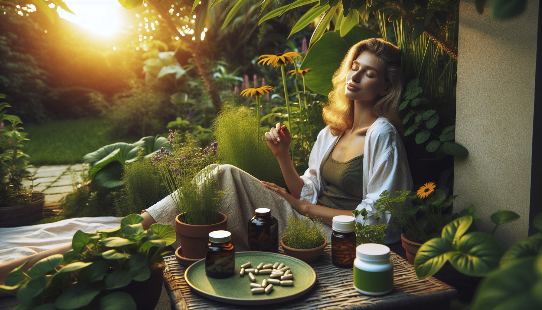 Pessoa relaxando em um jardim, simbolizando tranquilidade.