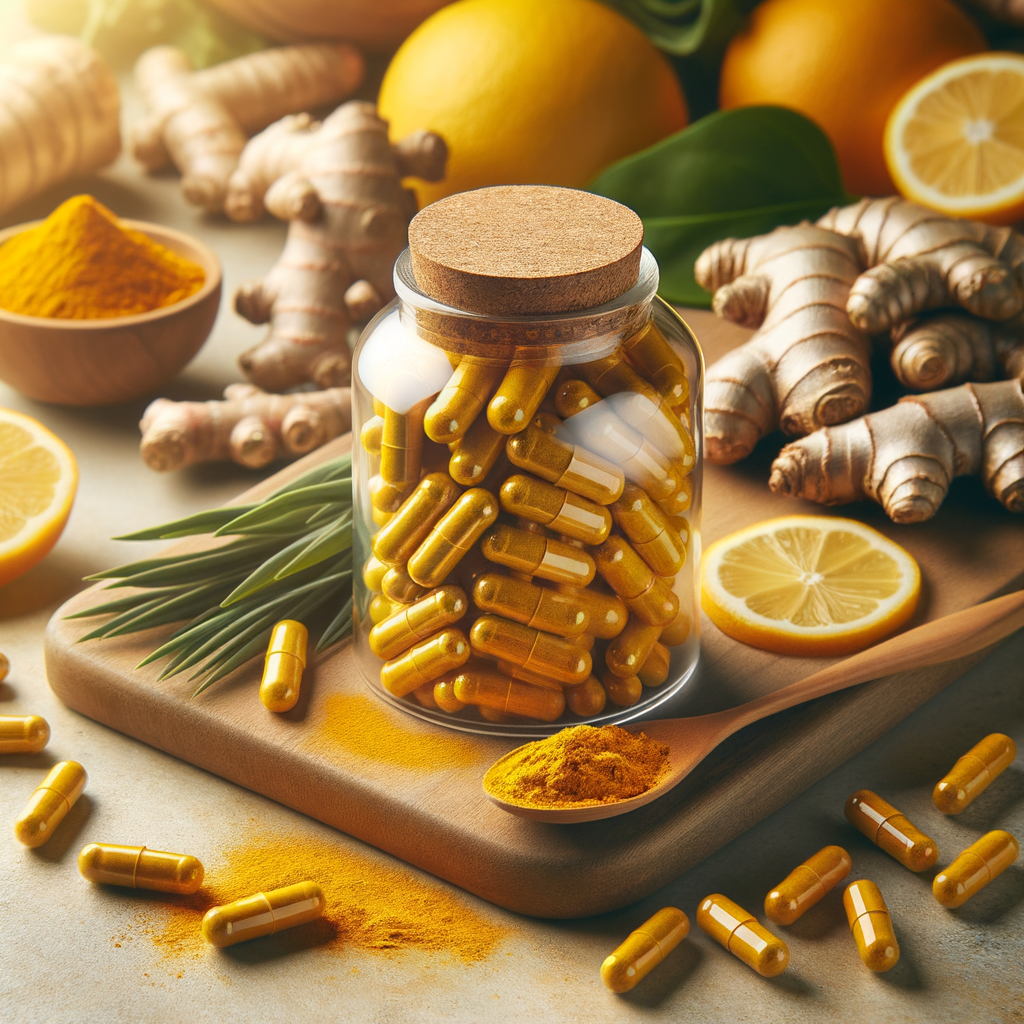 Frasco de cápsulas de cúrcuma para pele inflamada com destaque para a combinação de curcumina e piperina