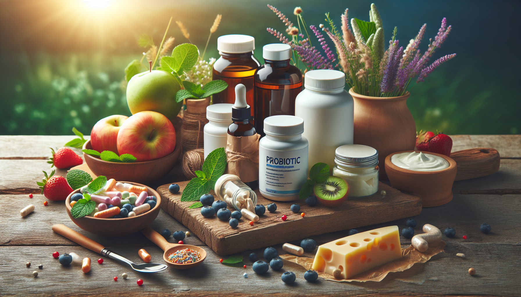 Frascos de suplementos probióticos com alimentos ricos em probióticos.