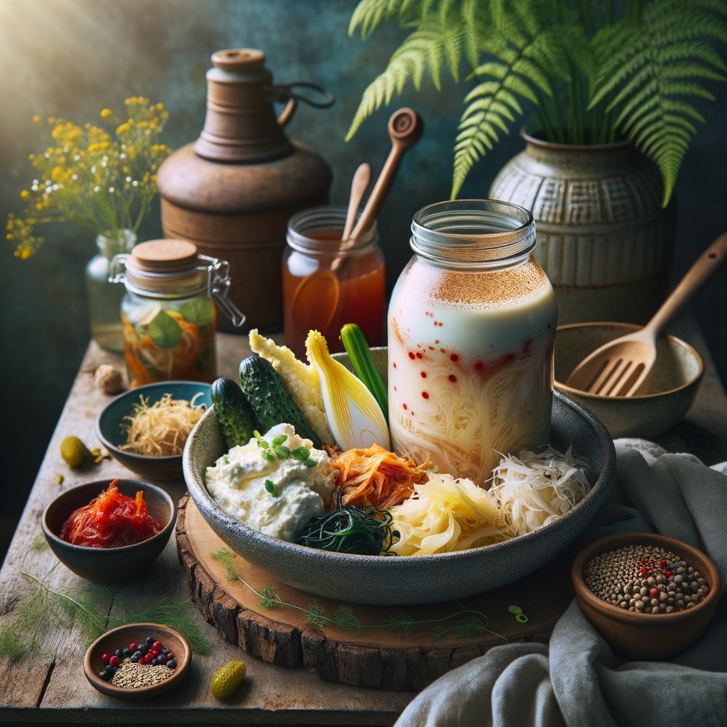 Alimentos fermentados coloridos como kefir, kimchi e chucrute, representando uma dieta pró-probiótica para saúde intestinal.
