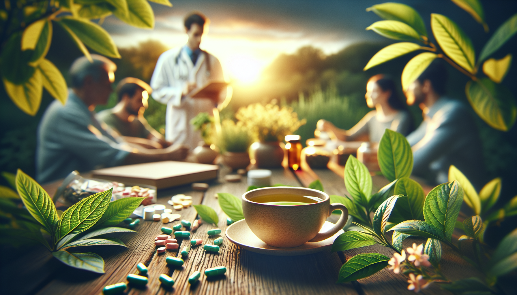 X&iacute;cara de ch&aacute; verde cercada por folhas de ch&aacute;, simbolizando relaxamento.