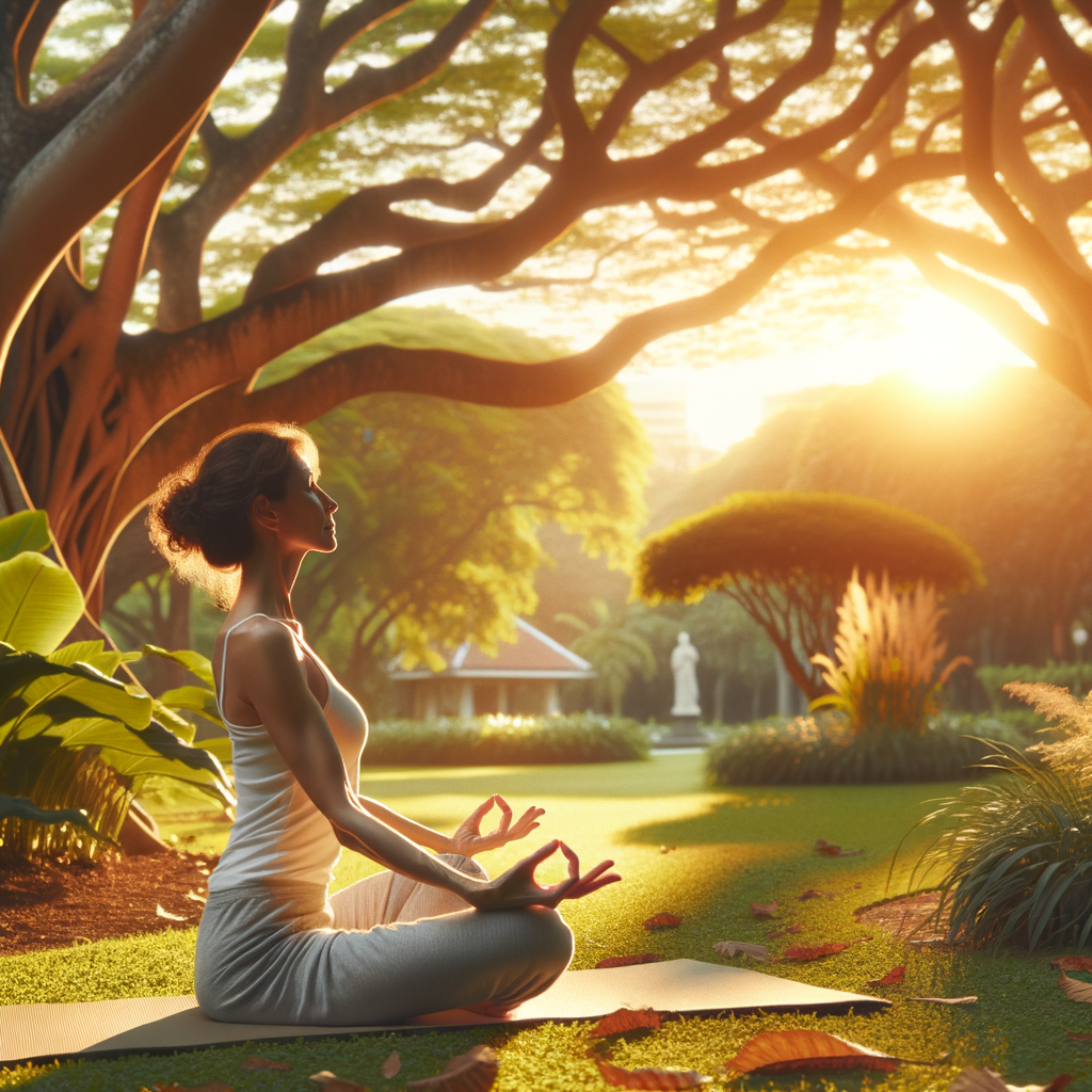 Mulher na menopausa praticando yoga ao ar livre em um parque.