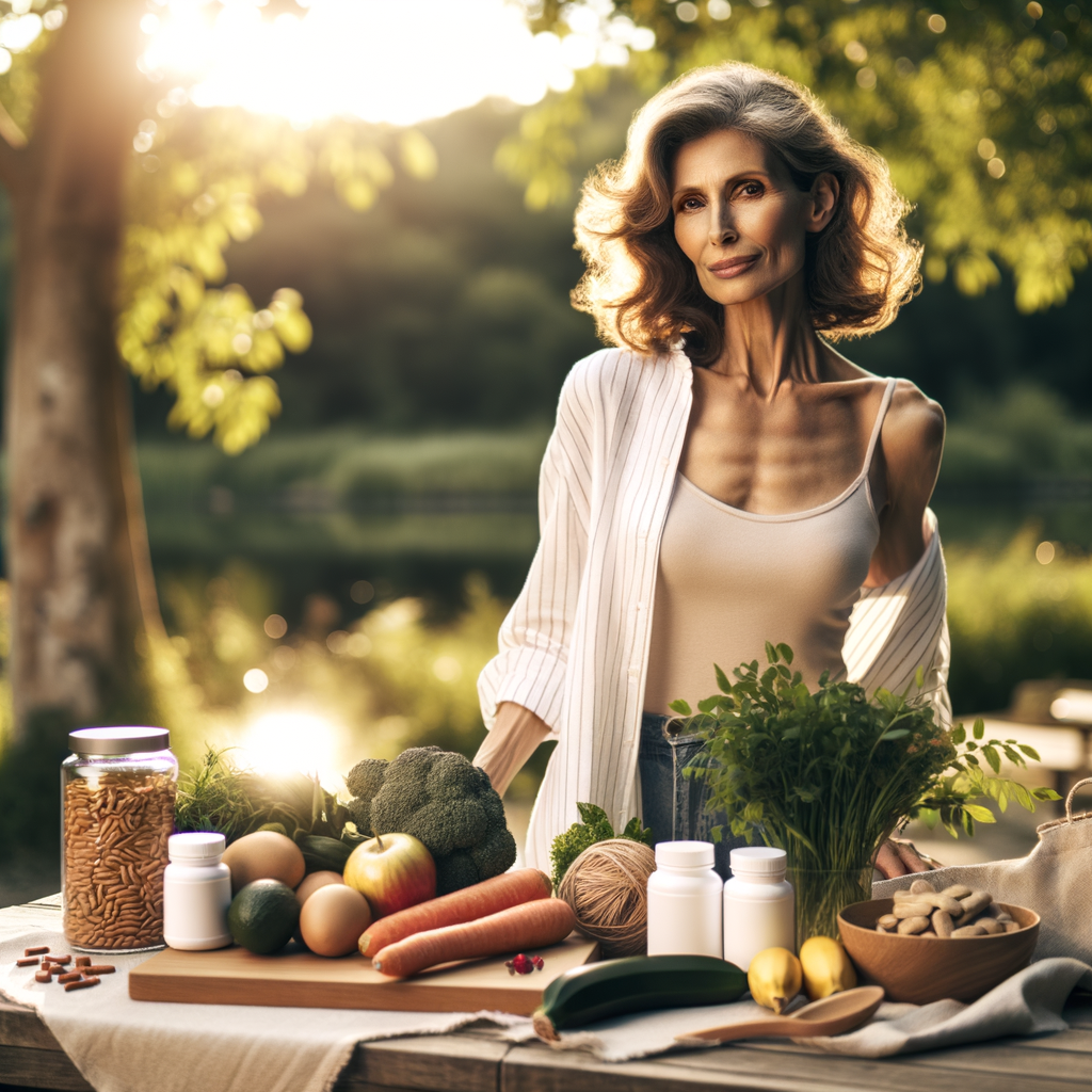 Mulher na menopausa praticando atividade física e consumindo alimentos saudáveis para fortalecer os ossos