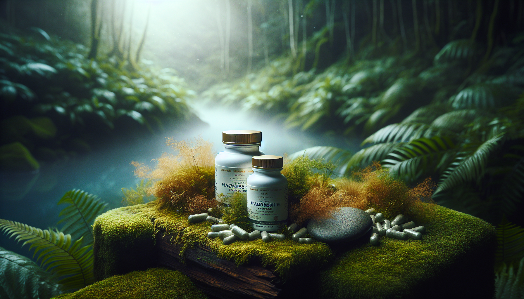 Frascos de suplemento de magn&eacute;sio em um cen&aacute;rio natural e tranquilo.