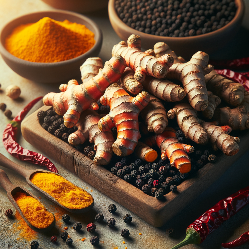Raízes de cúrcuma frescas e pimentas pretas destacando sua cor e textura, representando a combinação anti-inflamatória.
