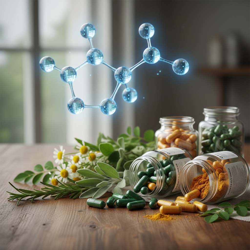 Cápsulas de fitoterápicos naturais cercadas por folhas verdes e elementos que remetem ao bem-estar e controle da ansiedade.