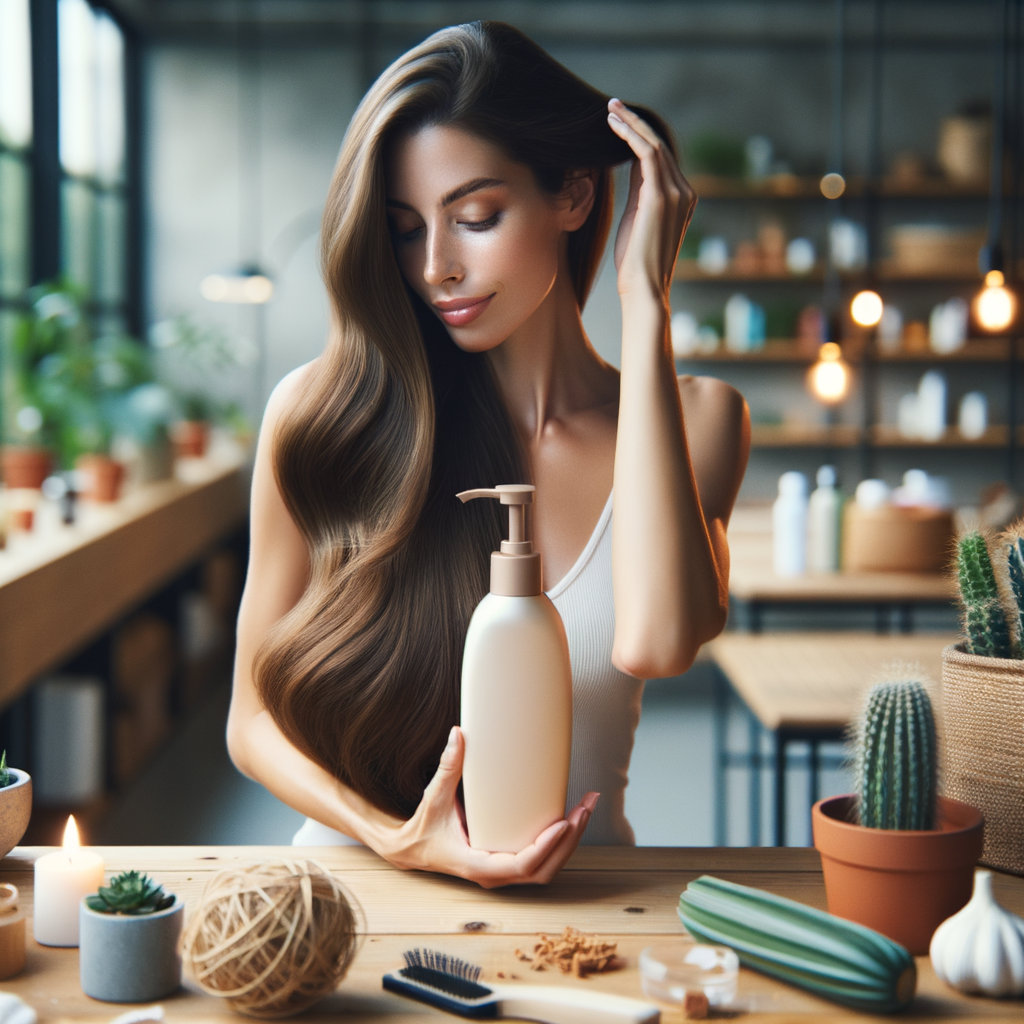 Mulher lavando o cabelo com shampoo anti-queda, revelando fios fortes e brilhantes