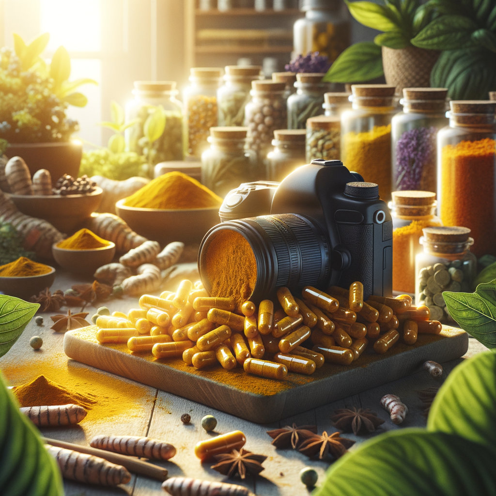 Cápsulas de cúrcuma com fundo natural e especiarias