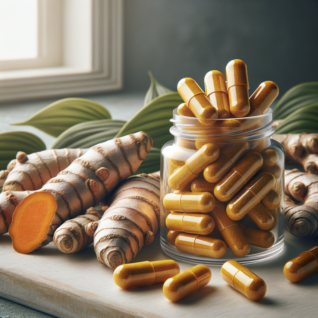 Imagem ilustrativa de cúrcuma natural e cápsulas de curcumina com piperina.